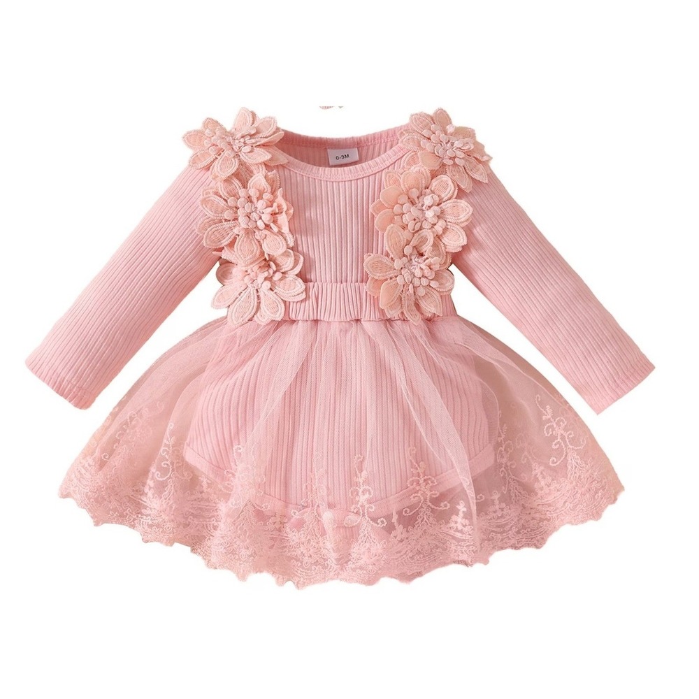 Baby Girls Size 6-9 Months Dress Light Pink Ribbed Flower Applique Tulle Long